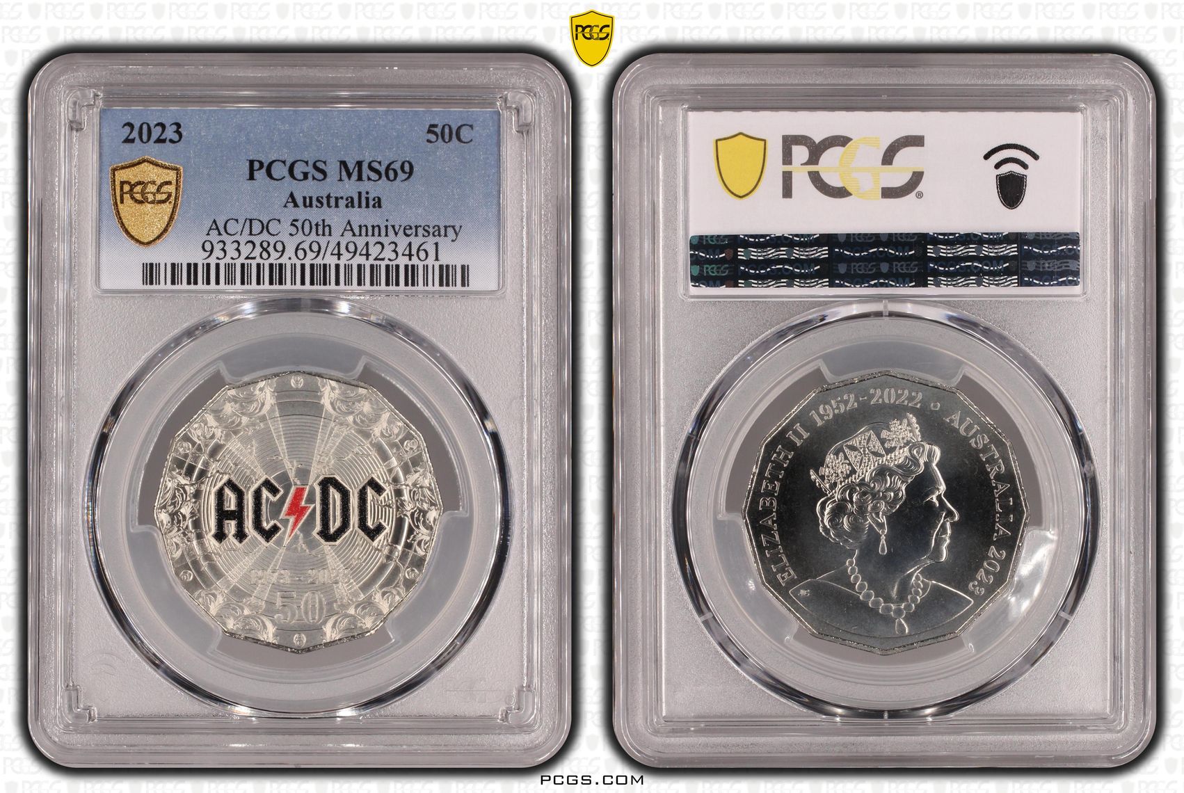 AC/DC 50th Anniversary Colorized , Fifty Cent, 2023, PCGS MS69