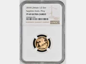 2018 ELIZABETH II SAPPHIRE JUBILEE PROOF GOLD HALF SOVEREIGN PF69 UCAM