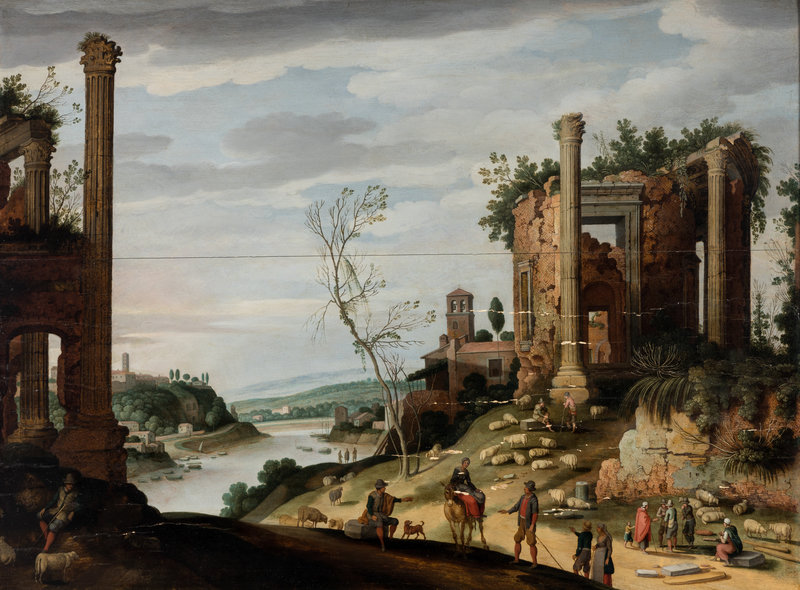 Willem van Nieulandt the Younger
(Flemish, 1584–c. 1635)
A River Landscape with Classical Ruins, Shepherds, and Shepherdesses and their Flock