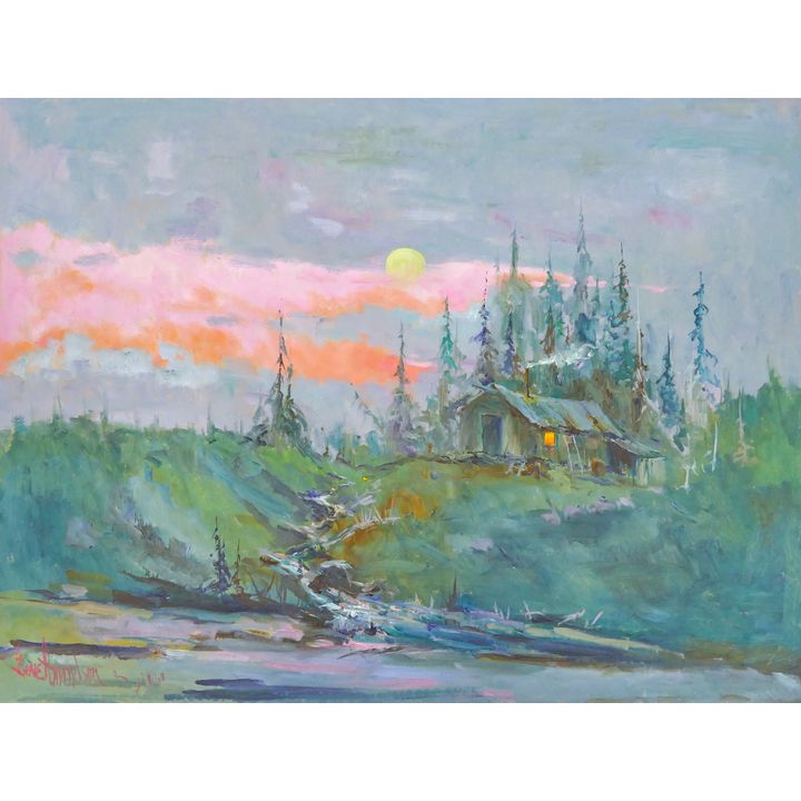 Gene Amondson ''Green Cabin Sunset'' Oil on Masonite 30''x40''