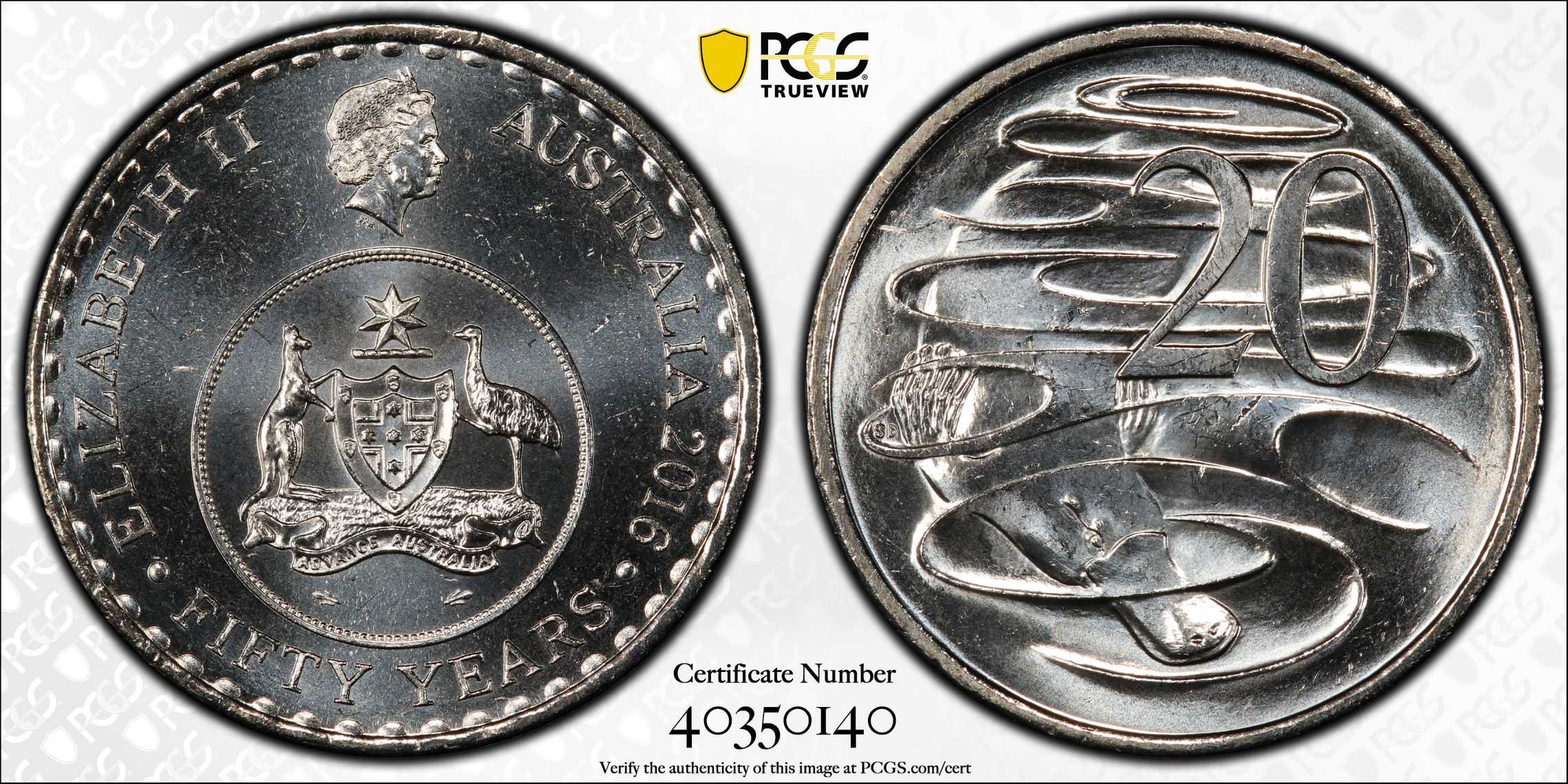 148 · Elizabeth II, 50 Yrs Decimal Currency , Twenty Cent, 2016, PCGS MS65