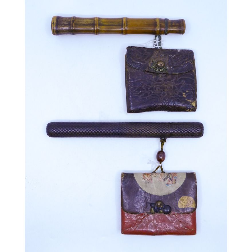 2pc Old Japanese Tobacco Pouches & Pipe Holders 4'' to 9''