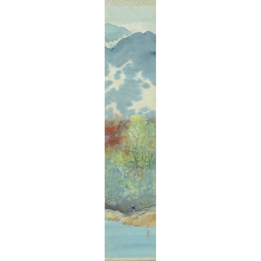 Old Japanese Landscape Scroll Painting Shadowbox Framed 61''x20''