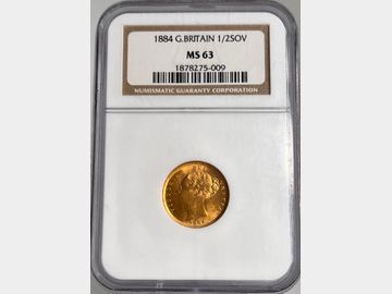 1884 VICTORIA YOUNG HEAD GOLD HALF SOVEREIGN MS63