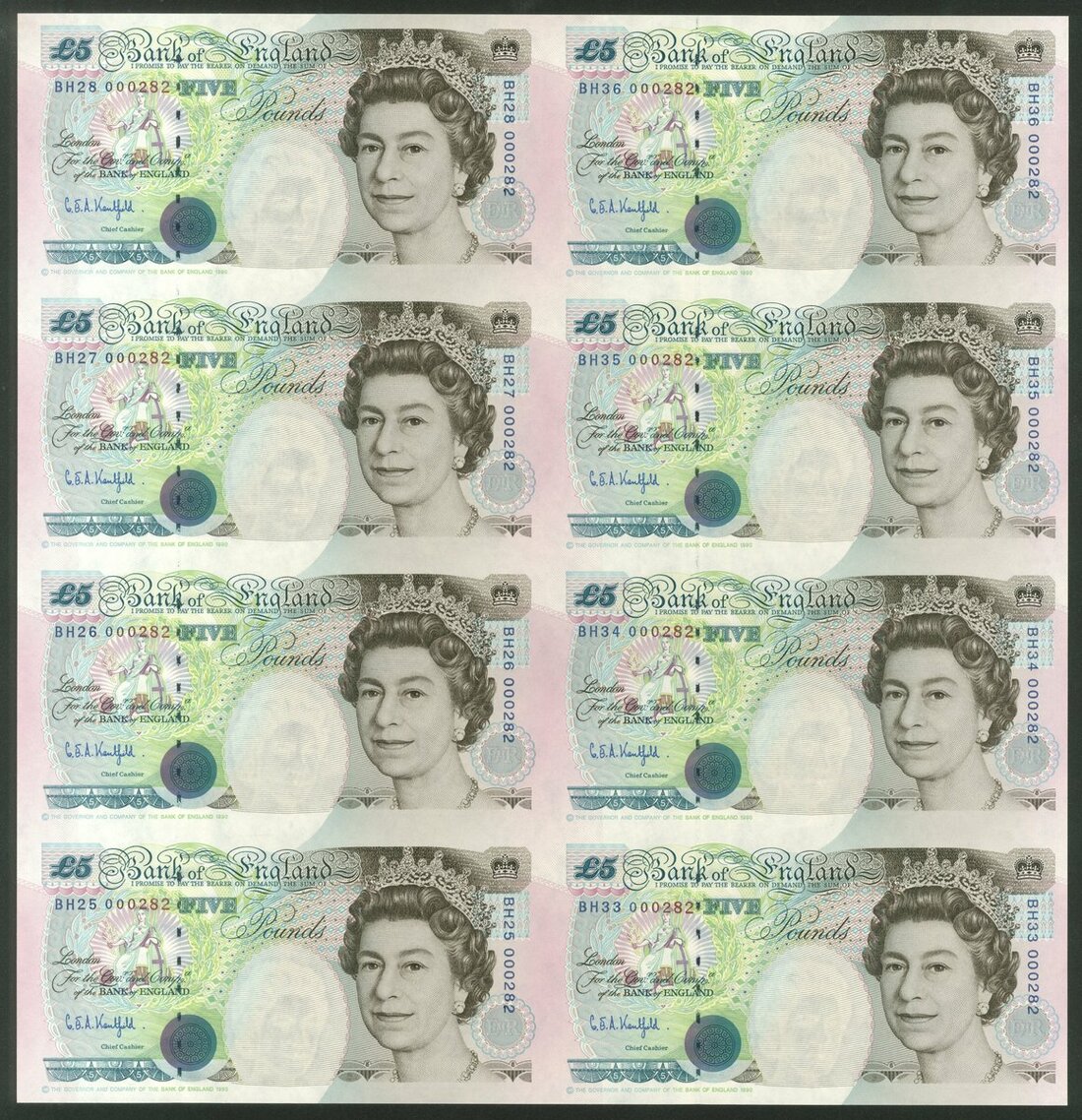 DEBDEN, Bank of England, Kentfield, an uncut sheet of £5 (8), ND (1996 ...