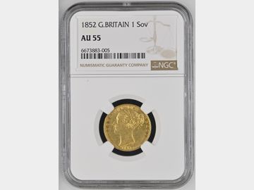 1852 VICTORIA SHIELD GOLD SOVEREIGN AU55
