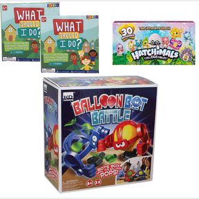 2X WHAT SHOULD I DO? BOARD GAME 1X HATCHIMALS 30 PACK 1X BALLOONBOT BATTLE GAME
