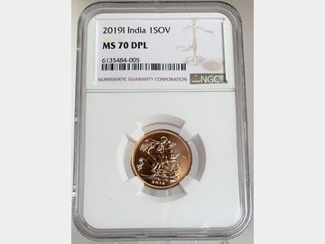 2019 ELIZABETH II INDIA MINT GOLD SOVEREIGN MS70 DPL