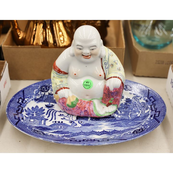 2pc Old Chinese Porcelain Buddha & Willow Platter 6'' to 12''