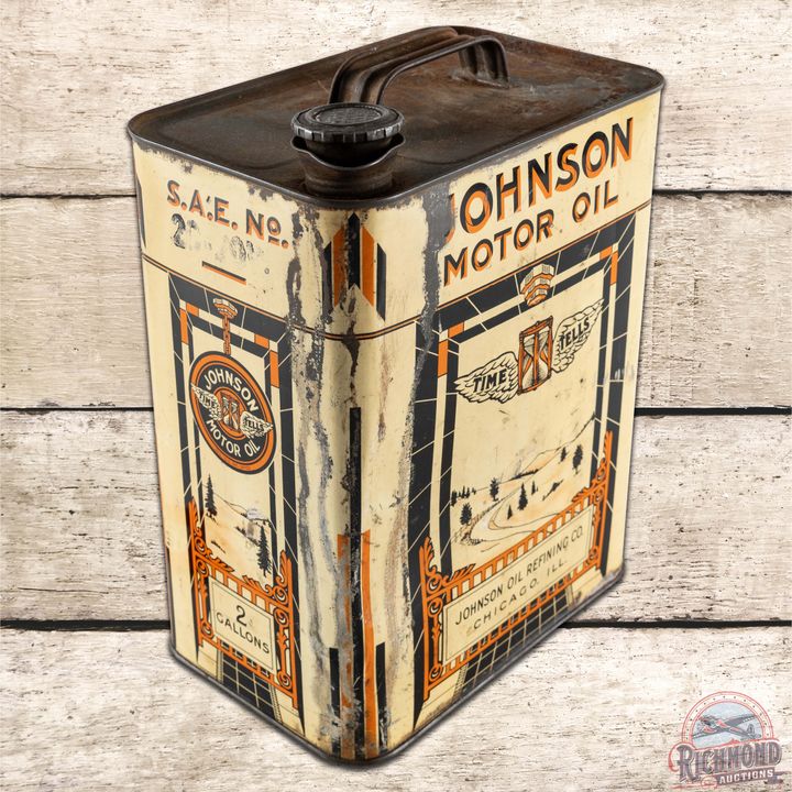 Johnson Time Tells Motor Oil 2 Gallon Metal Can