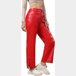 CXXQ FAUX LEATHER STRAIGHT WIDE LEG PANTS WOMEN HIGH WAIST ZIPPER SPLIT HEM PU LEATHER PANTS 2 POCKETS RED-S