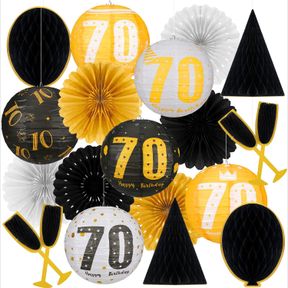 RAITEN 18 PCS 70TH BIRTHDAY PARTY HANGING PAPER LANTERNS BLACK GOLD WHITE BIRTHDAY PARTY DECORATION HANGING ROUND LANTERNS FAN HON