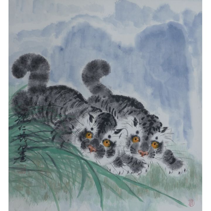 Lur Ren Mao (Chinese) Tiger Cubs Scroll Painting 20.5''x19'' Image