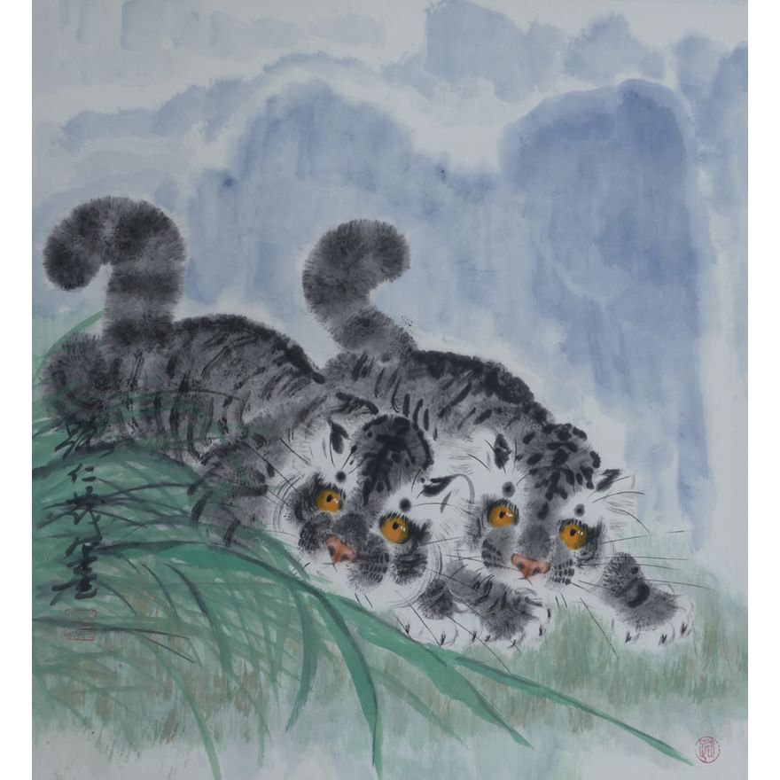 Lur Ren Mao (Chinese) Tiger Cubs Scroll Painting 20.5''x19'' Image