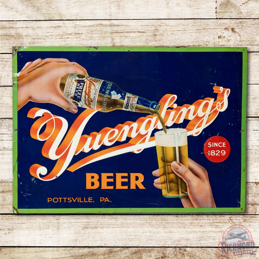 Yuengling's Beer w/ Bottle & Glass Metal Sign TAC 8.25