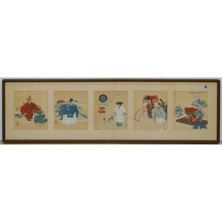 Old Japanese 5pc Woodblock Print Set Framed 18''x61''