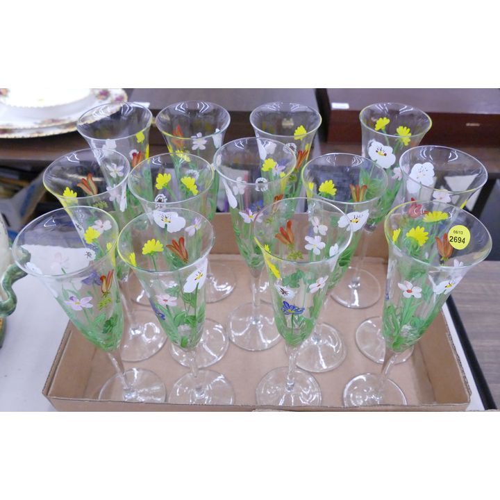 13pc Painted Floral Champagne Flutes