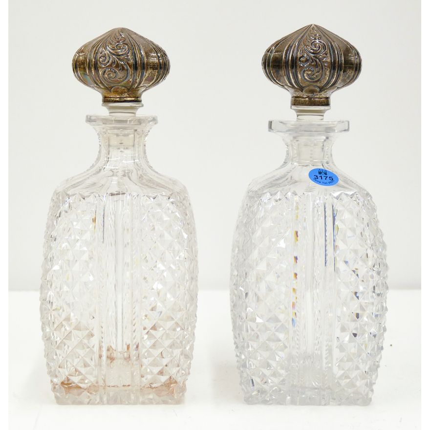 Pair Antique Cut Glass Decanters with Gorham Sterling