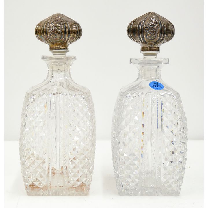 Pair Antique Cut Glass Decanters with Gorham Sterling
