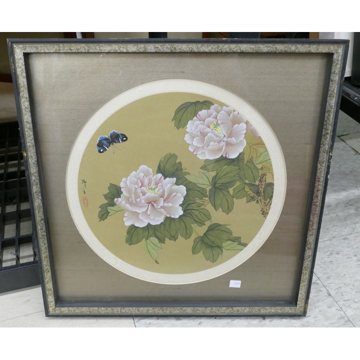 Vintage Chinese Round Watercolor on Silk Framed- 15x15''