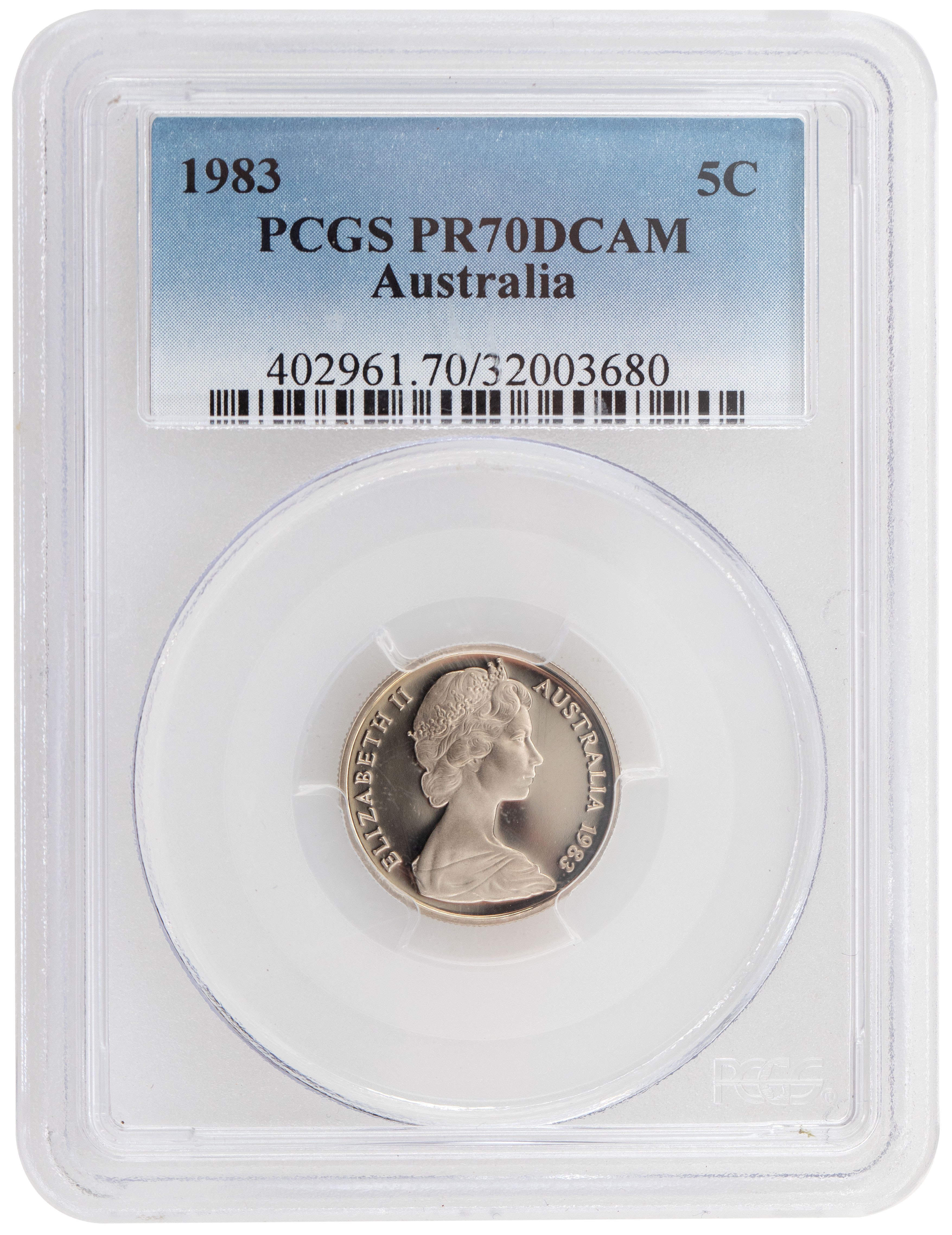 59 · 1983 Australia Five Cent, 5c PCGS - PR70DCAM POP 27/0 -680