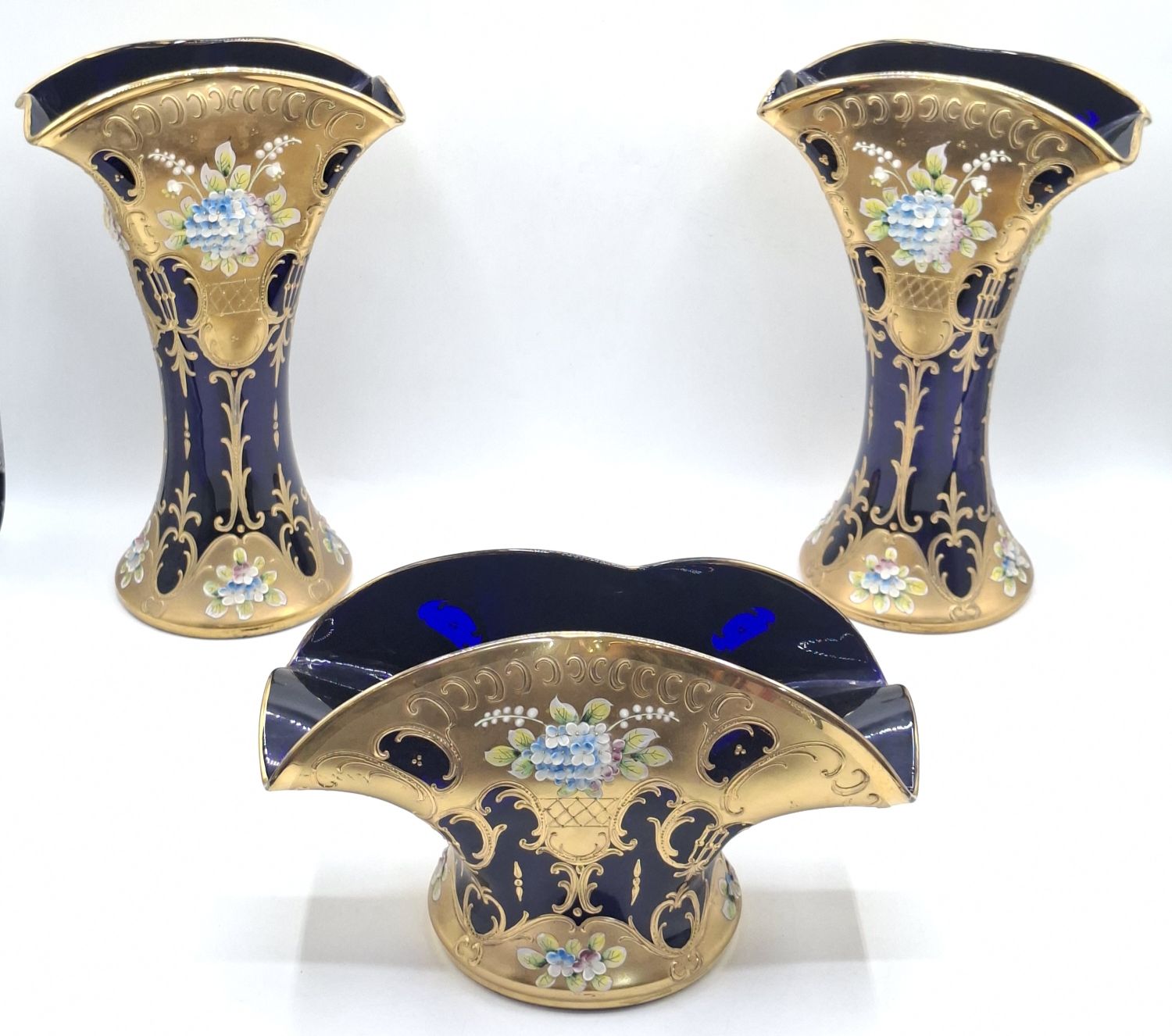 A Garniture Of Three Blue Venetian Glass Vases