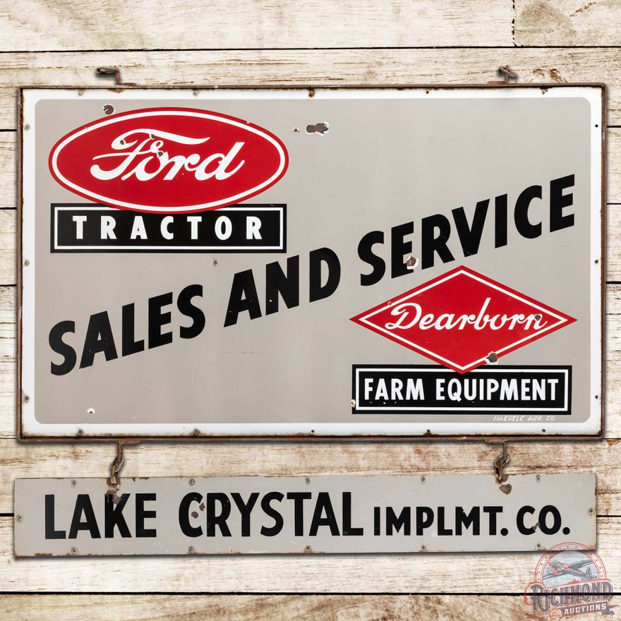 Ford Tractor Dearborn Farm Equipment Sales and Service DS Porcelain Sign Lake Crystal
