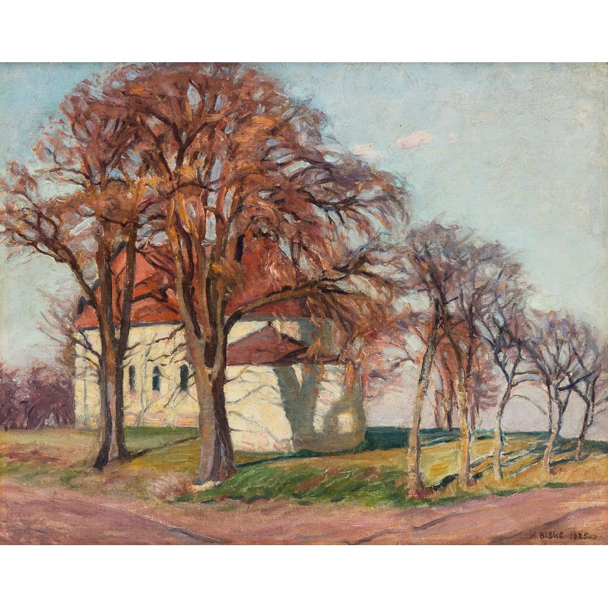 Karol Biske | Pejzaż jesienny z wiejskim kościółkiem, 1925 r.