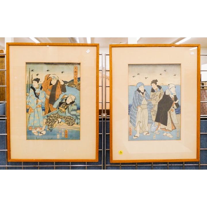 Pair Toyokuni Meiji Japanese Woodblock Prints Framed- 22x17''