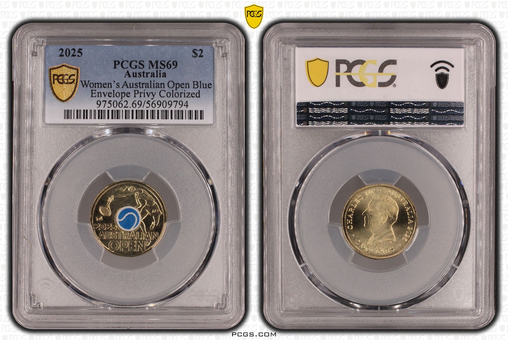 Women's Australian Open Blue Envelope Privy Colourised, Two Dollar, 2025, PCGS MS69