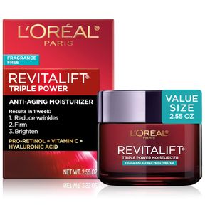 L'OREAL PARIS REVITALIFT TRIPLE POWER ANTI-AGING FACE MOISTURIZER, FRAGRANCE FREE, PRO RETINOL, HYALURONIC ACID & VITAMIN C TO RED