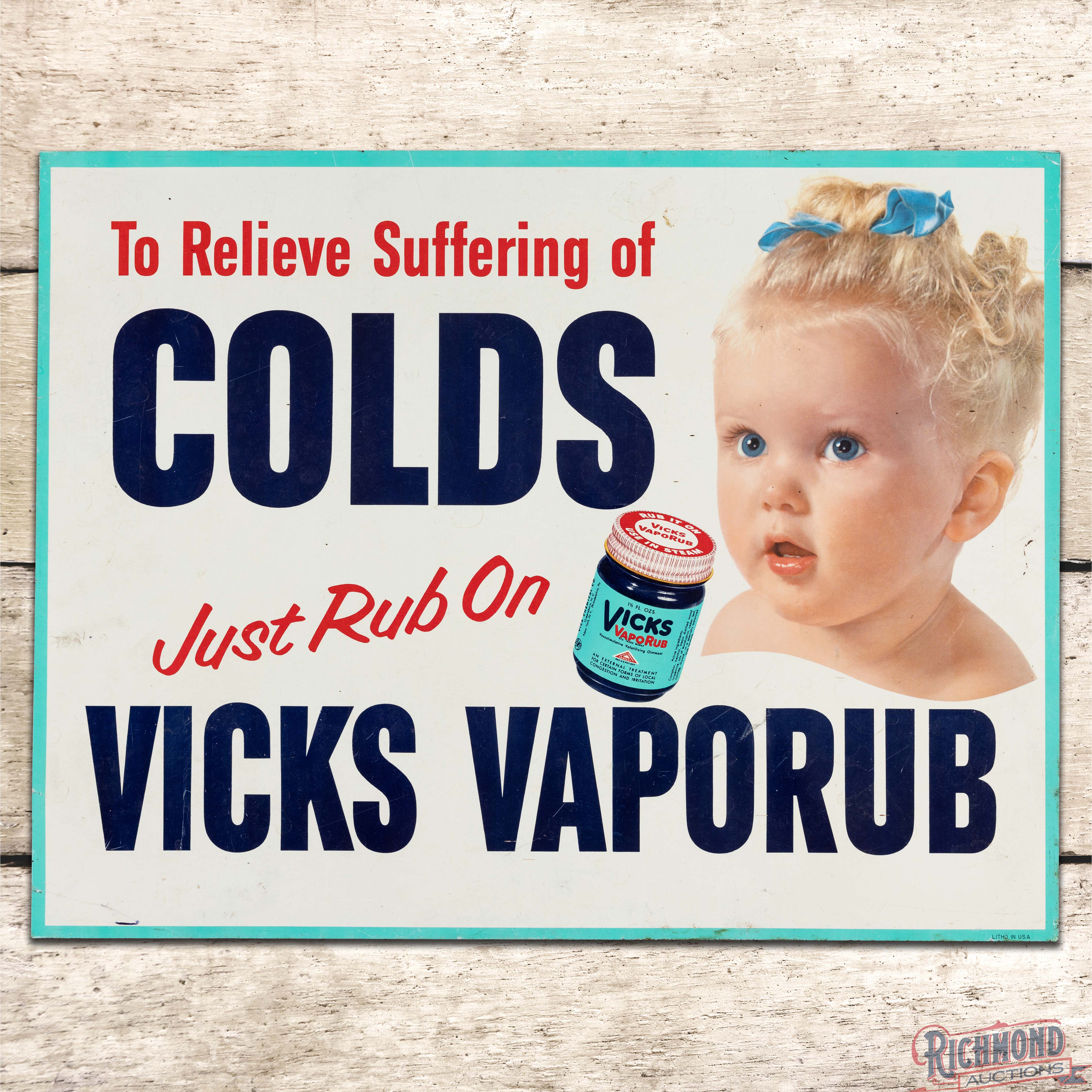 Just Rub on Vicks Vaporub Single Sided Tin Sign w/ Baby | Richmond Auctions