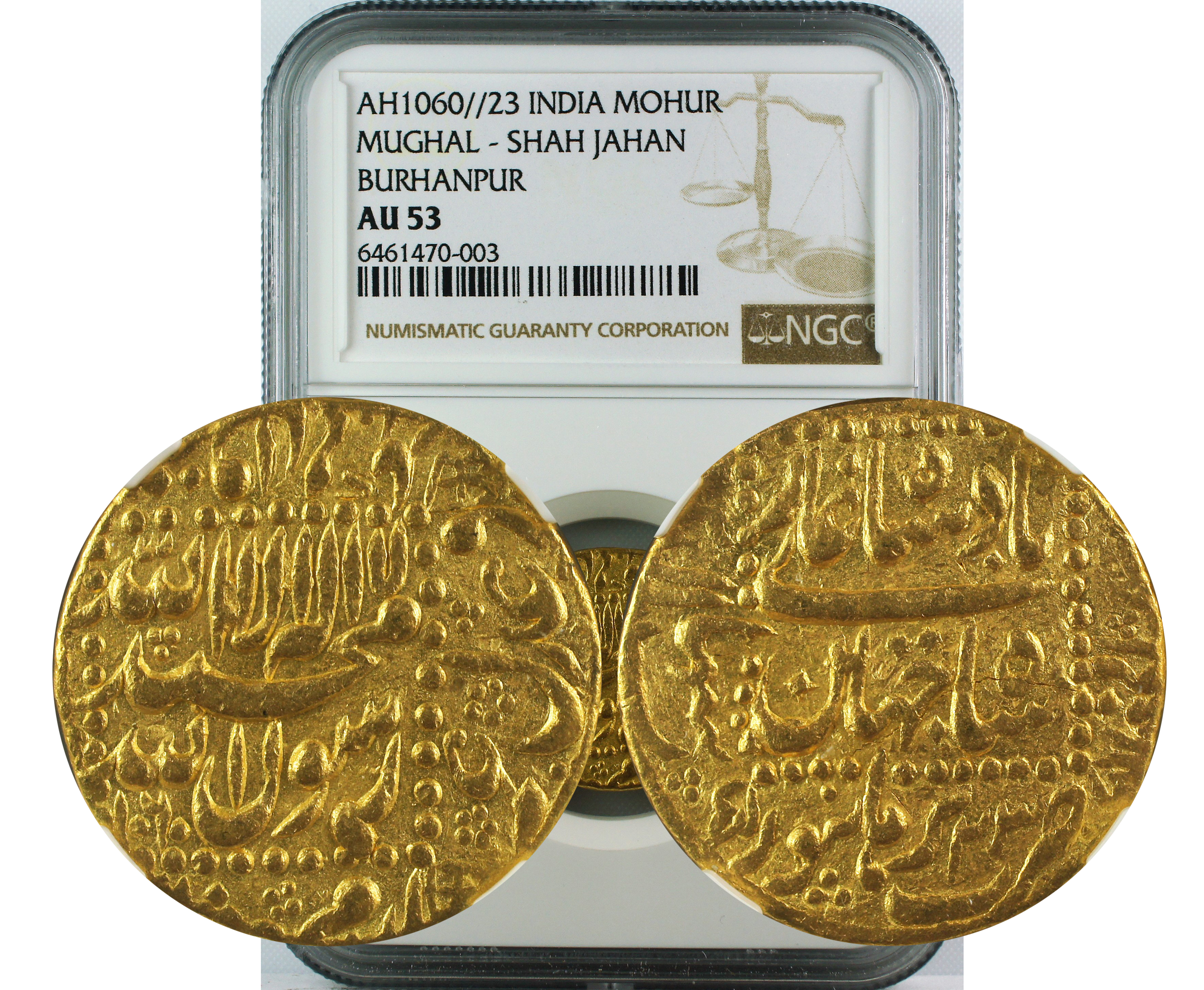 AH 1060//23 INDIA GOLD MOHUR MUGHAL-SHAH JAHAN BURHANPUR AU53