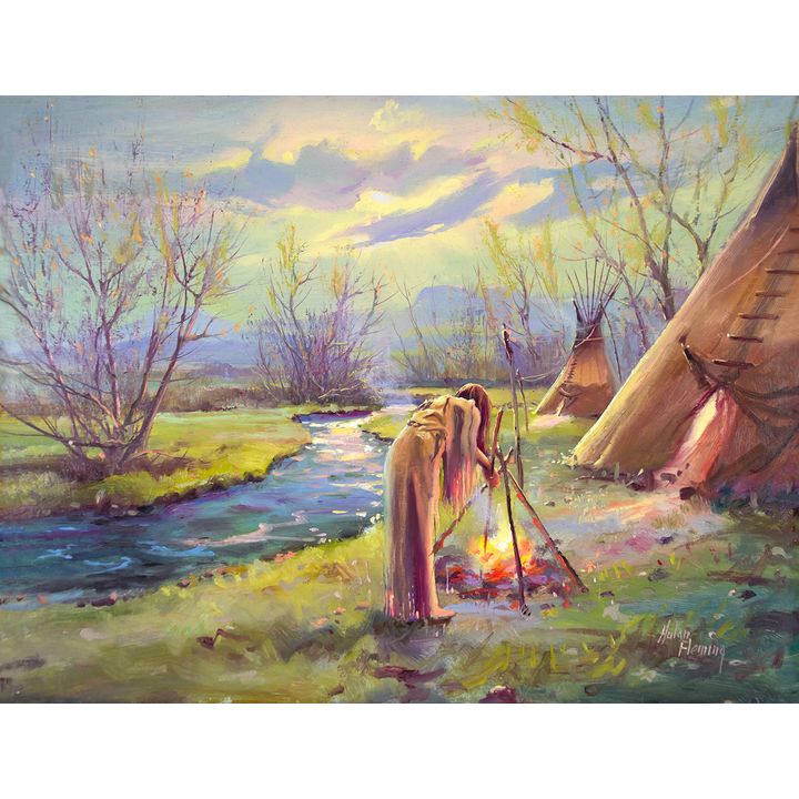 Native Girl at Campfire by Hulan Fleming (1933- )