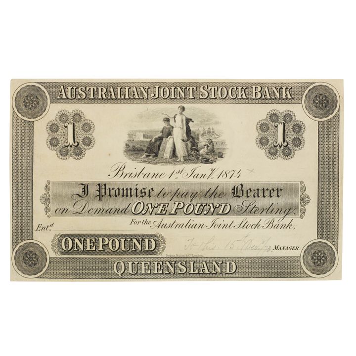 Australian Joint Stock Bank Brisbane Issue, One Pound, 1874, UNC