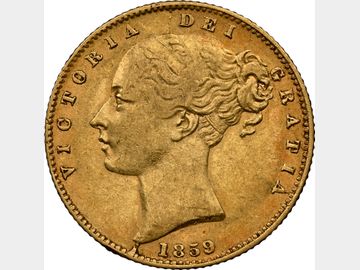 RARITY 2 / 1859 VICTORIA 'ANSELL' BRITTLE SHIELD GOLD SOVEREIGN VF30