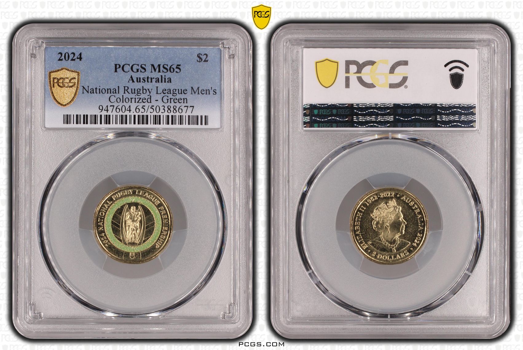 National Rugby League Men's Colorized - Green , Two Dollar, 2024, PCGS MS65