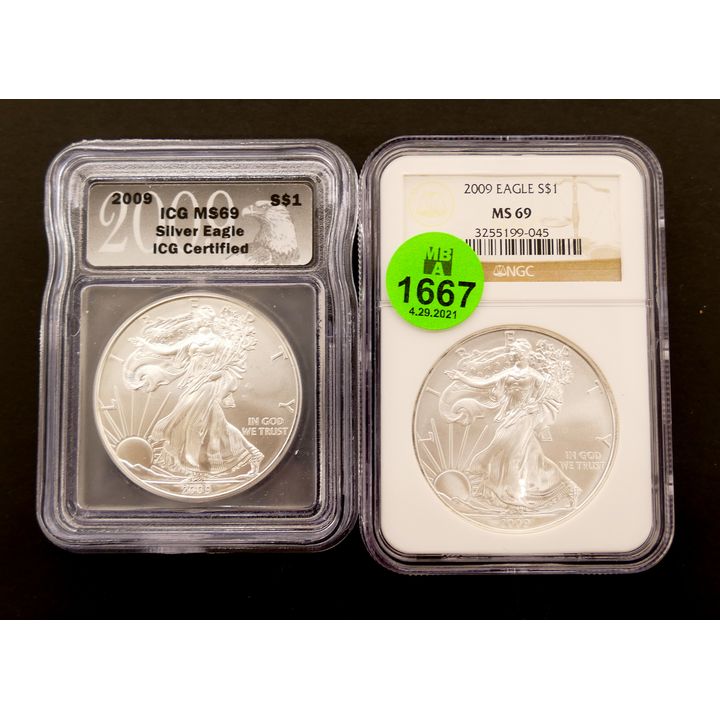 2pc US 1oz 999 Silver American Eagles- MS 69 Graded
