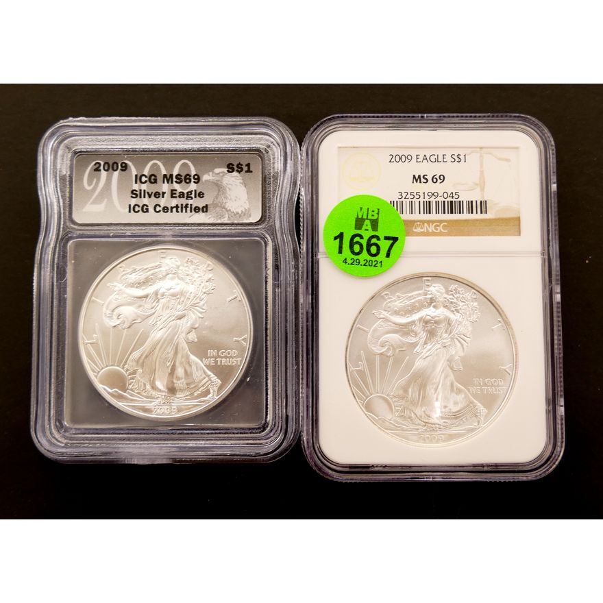 2pc US 1oz 999 Silver American Eagles- MS 69 Graded