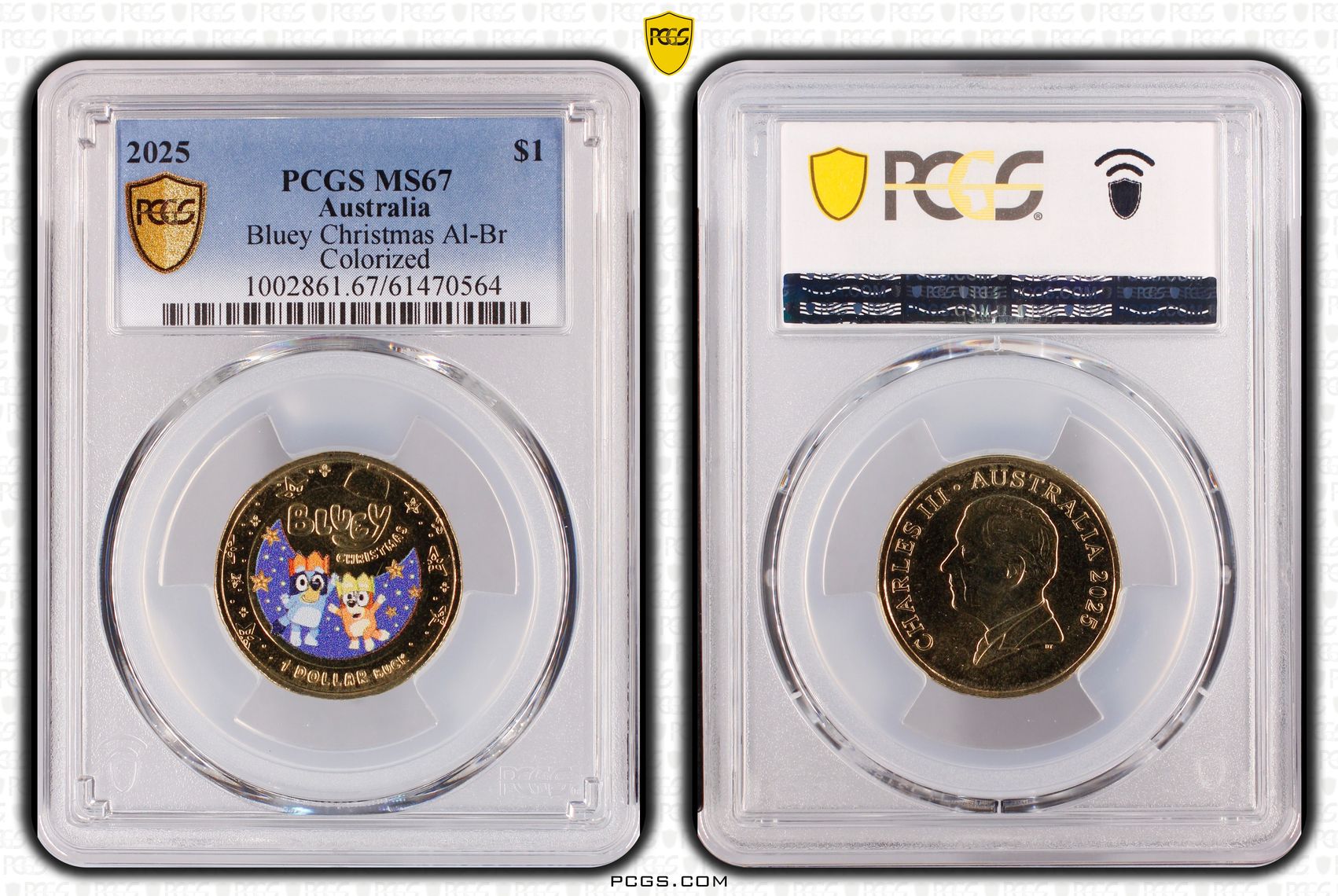 Bluey Christmas AlBr Colourised, One Dollar, 2025, PCGS MS67