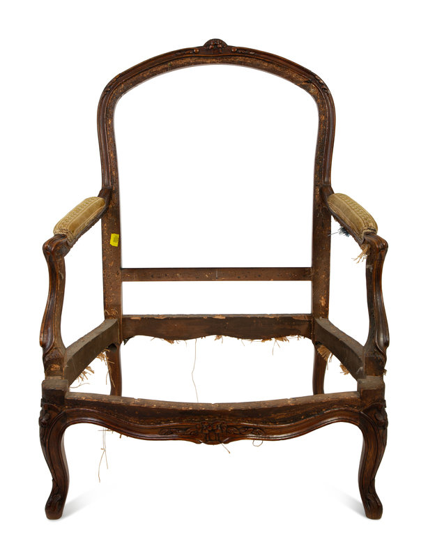 A Louis XV Style Bergere Frame
Height 37 x width 29 1/2 x depth 29 1/2 inches.