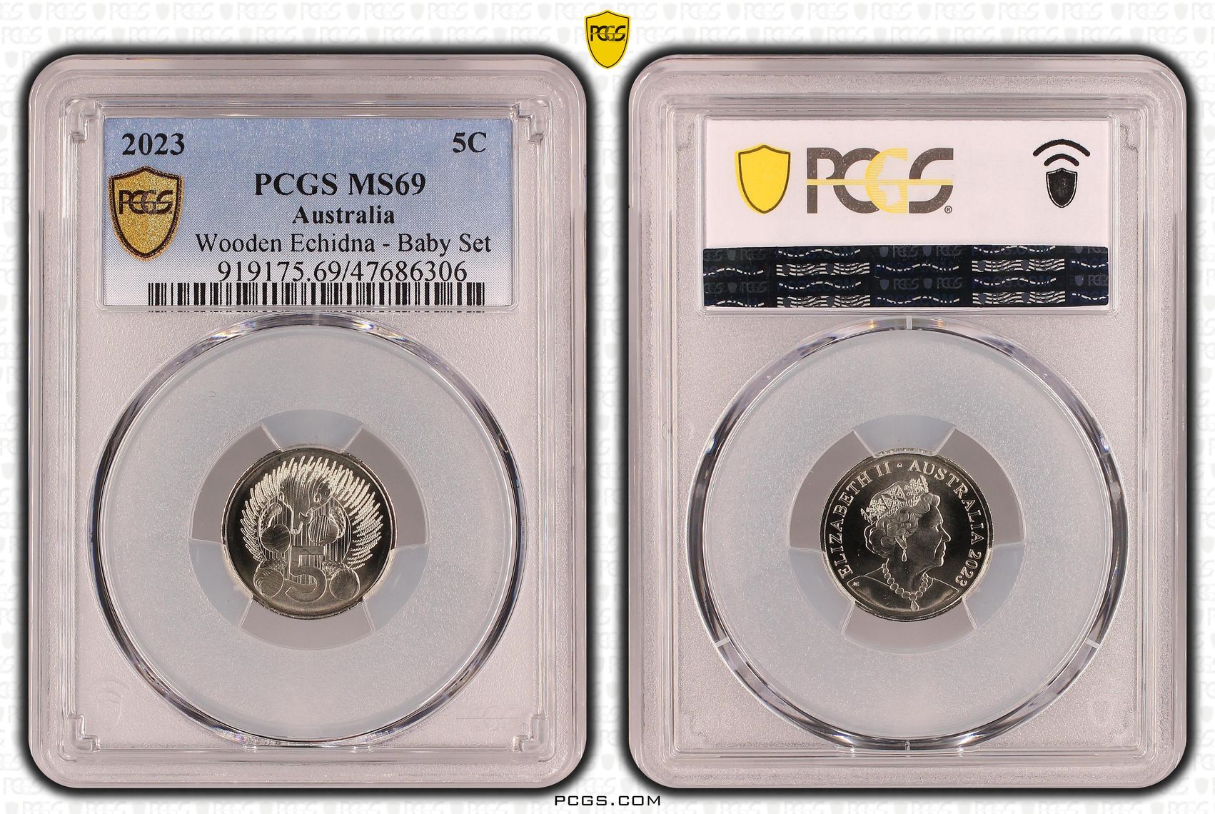 196 · Elizabeth II, Wooden Echidna - Baby Set , Five Cent, 2023, PCGS MS69