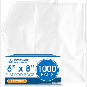 6" X 8" SPARTAN INDUSTRIAL - 6" X 8" OPEN-END FLAT POLY BAGS (1000 COUNT) HEAVY DUTY 2 MIL CLEAR PLASTIC BAGS FOR PACKAGING BOOKS,