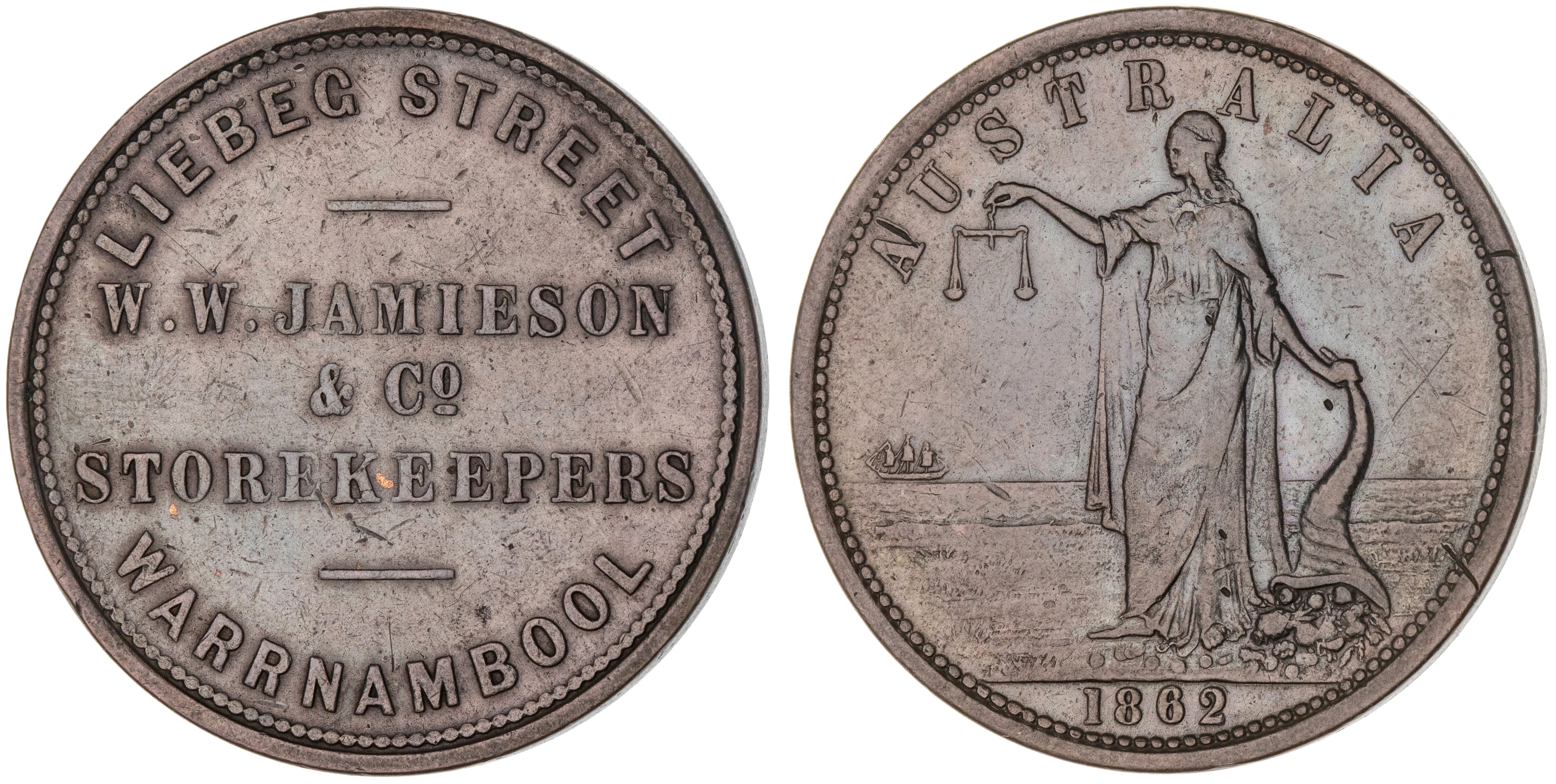 Warrnambool, Victoria, W. W. Jamieson & Co., Penny, 1862, gVF