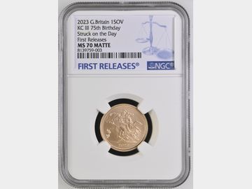 2023 STRUCK ON THE DAY (PLAIN EDGE) 75th KING CHARLES III 75th BIRTHDAY GOLD MATTE SOVEREIGN MS70 TOP POP!