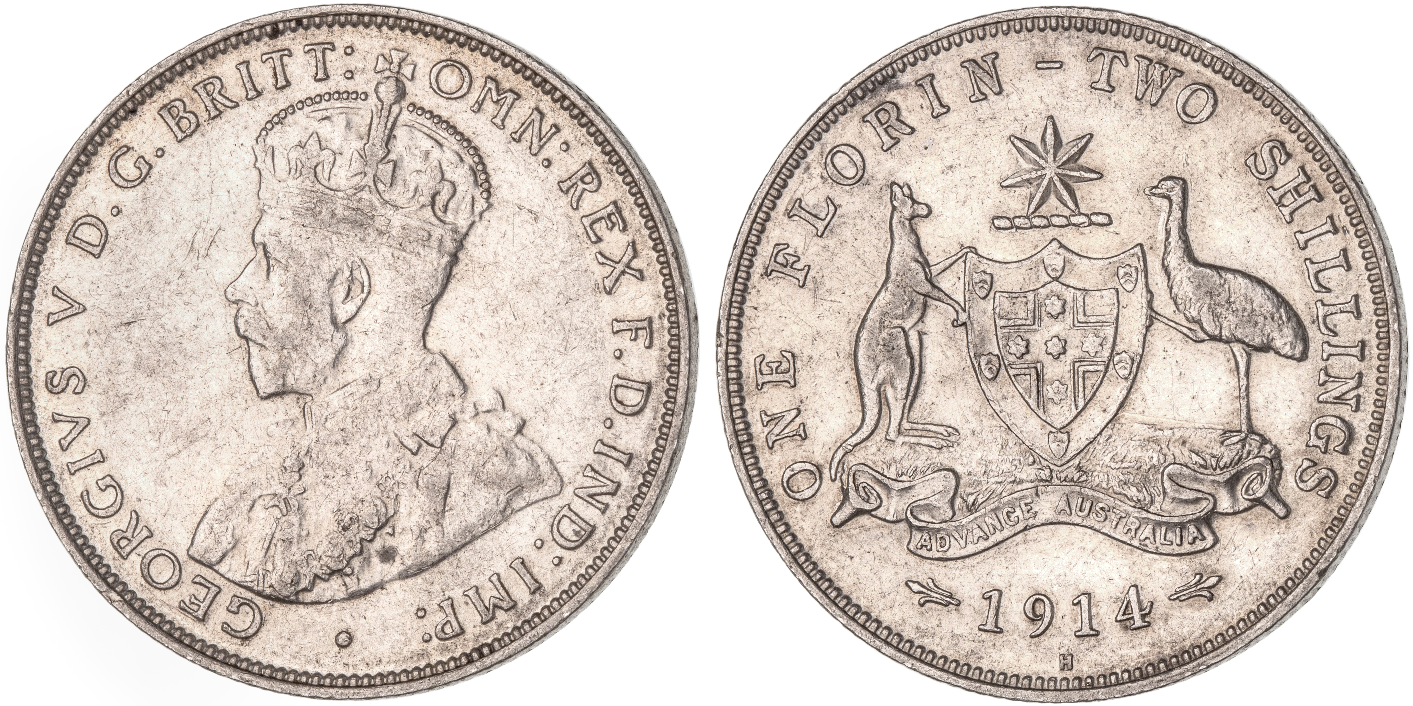 George V, Florin, 1914-H, aEF