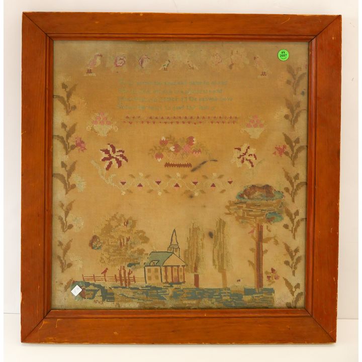 Antique Pictorial Needlework Sampler Framed- 22.5x21.5''