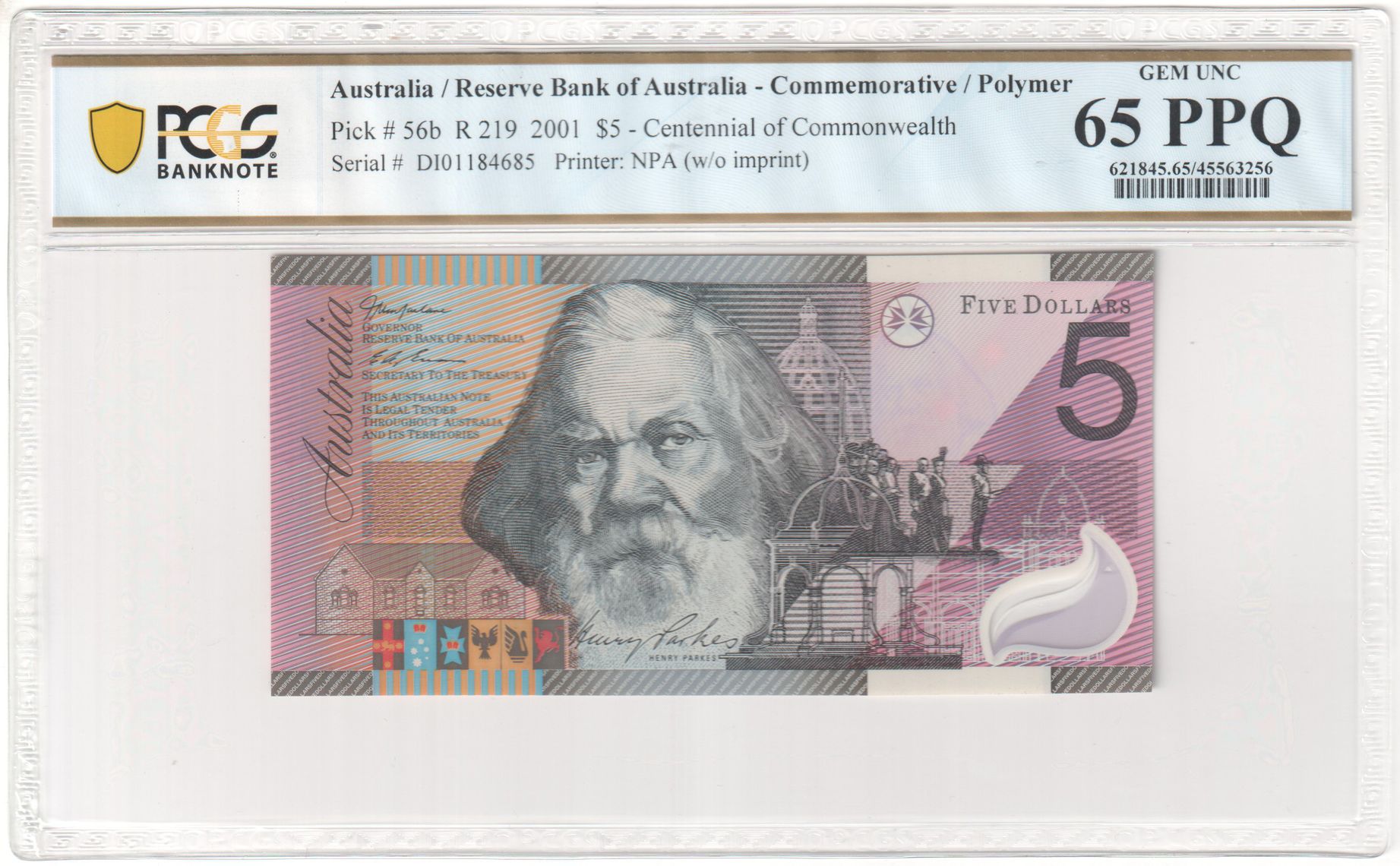 98 · R. 214, Reserve Bank of Australia, Polymer, Sign.: B.W. Fraser & A.S. Cole, Dark Green Serials, Five Dollar, 2001, PCGS - Gem UNC 65 PPQ