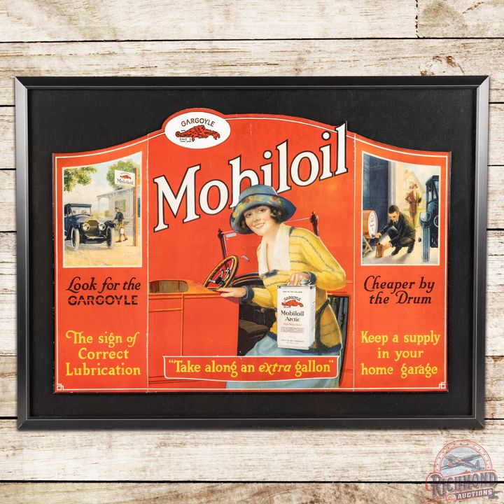 Mobiloil Gargoyle Framed Tri-Fold Cardboard Display Sign w/ Lady & Cars