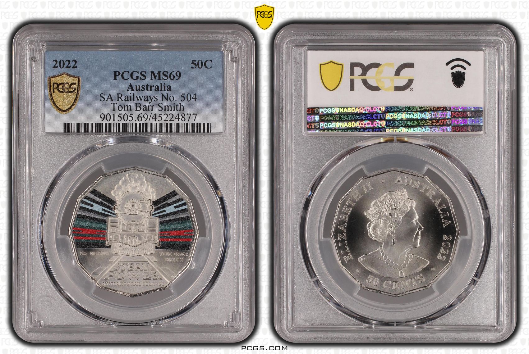 SA Railways No. 504 Tom Barr Smith Colourised, Fifty Cent, 2022, PCGS MS69
